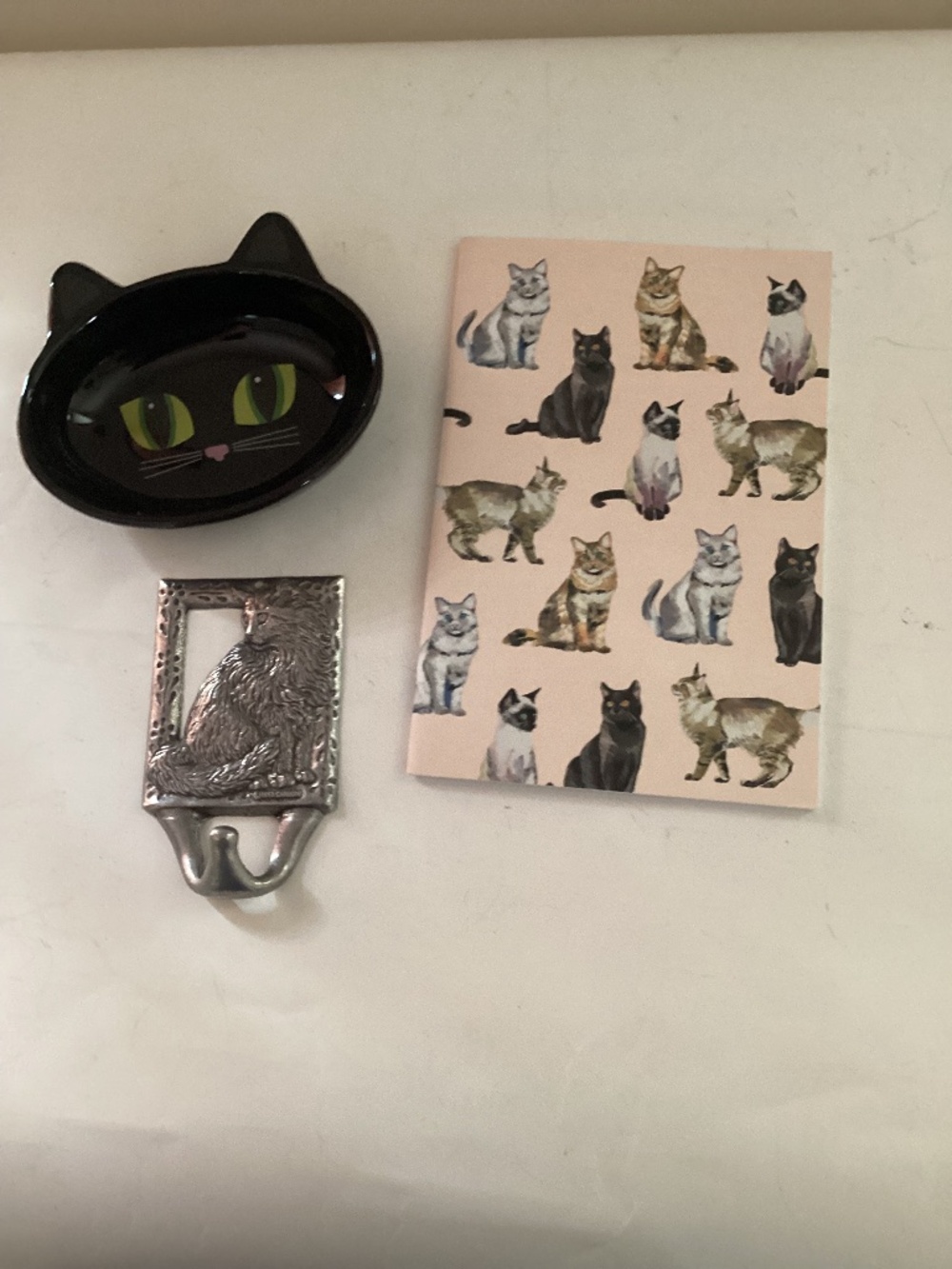 Kitty Accessories: Small black dish, metal wall hook & kitty blank notebook